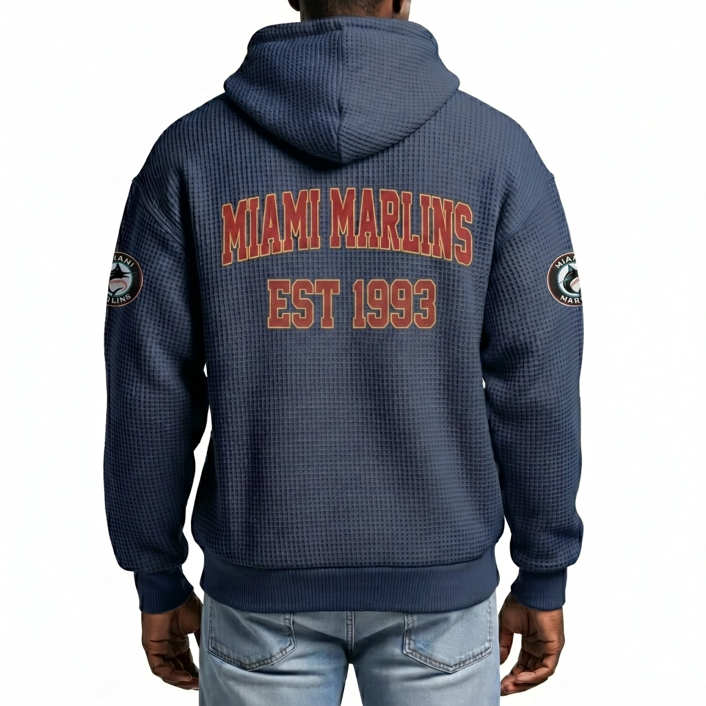 Miami Marlins EST 1993 Printed Waffle Quarter Zip Baseball Fan Hoodie