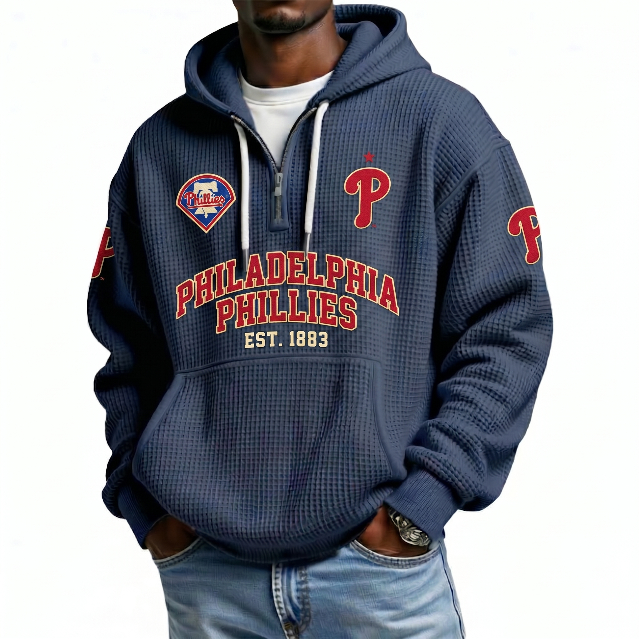 Washington Nationals EST 1969 Printed Waffle Quarter Zip Baseball Fan Hoodie