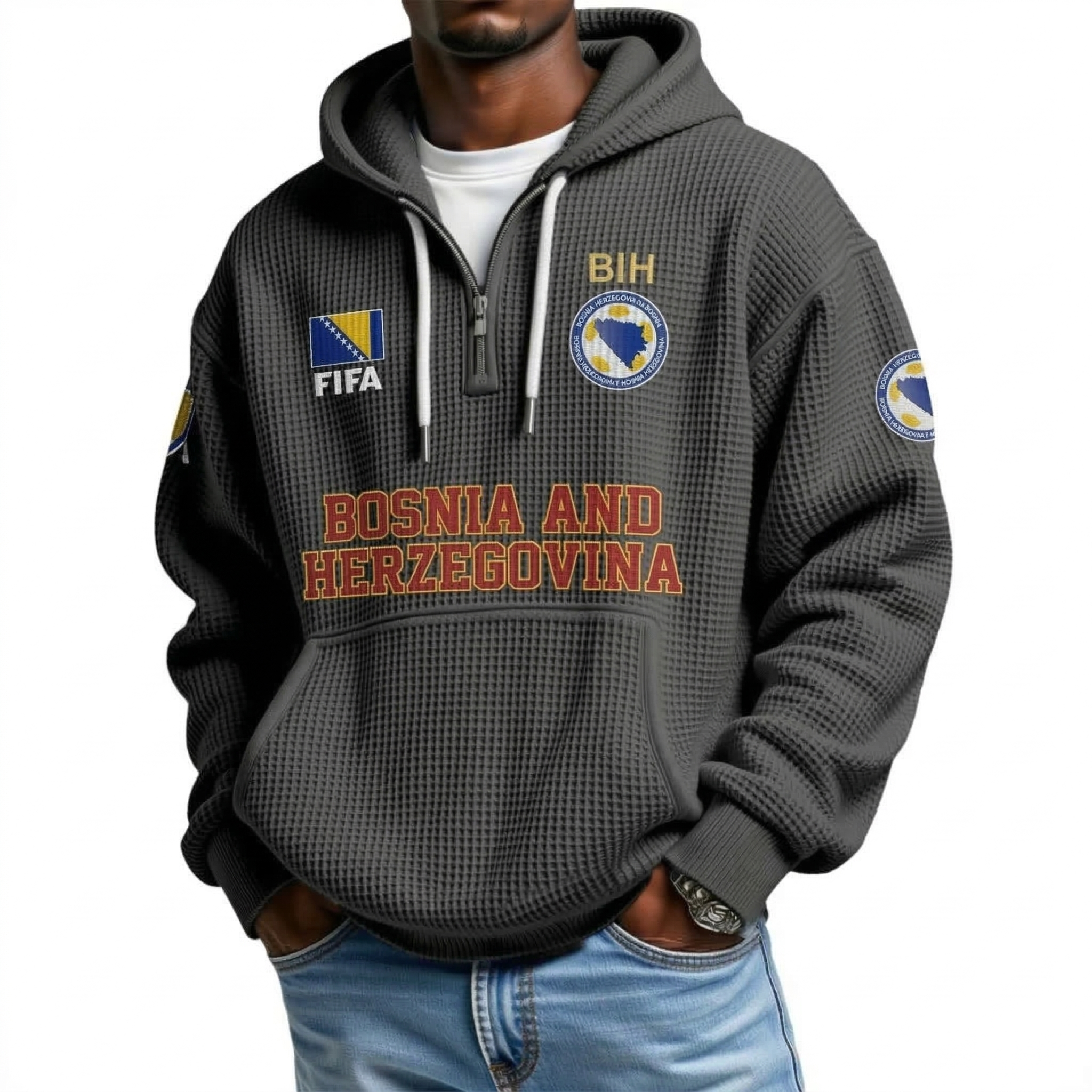 FIFA 2026 Bosnia and Herzegovina Printed Waffle Quarter Zip Football Fan Hoodie