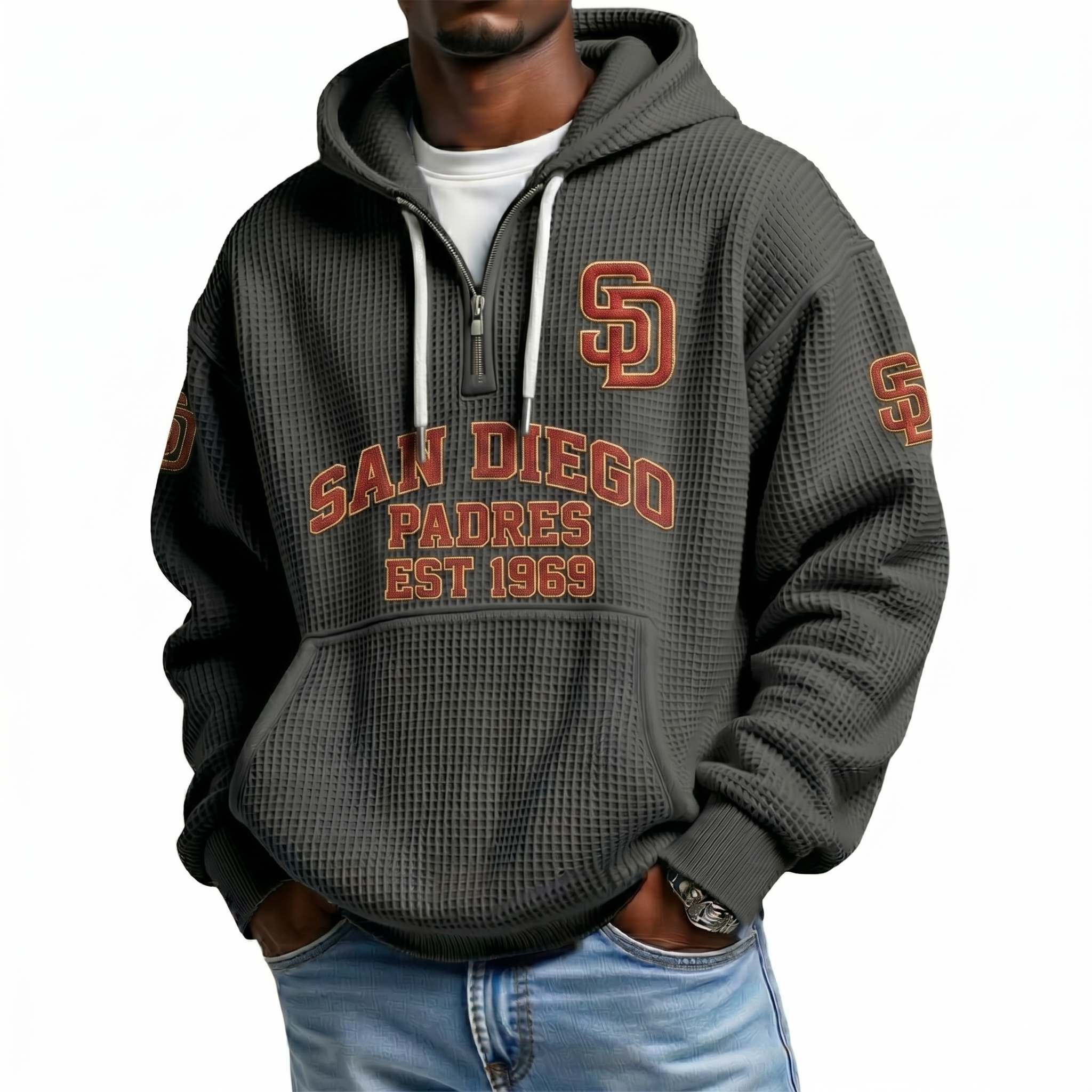 San Diego Padres EST 1969 Printed Waffle Quarter Zip Baseball Fan Hoodie