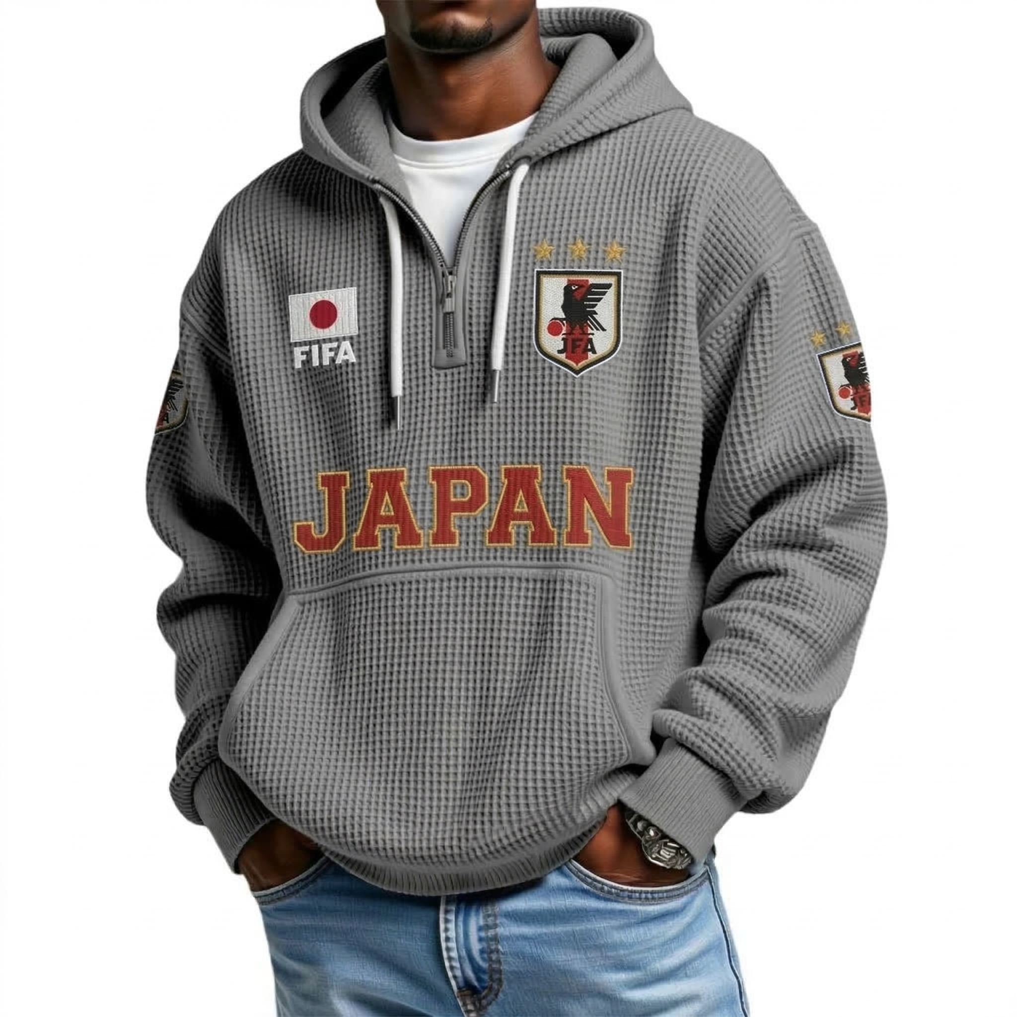 FIFA 2026 Japan Printed Waffle Quarter Zip Football Fan Hoodie
