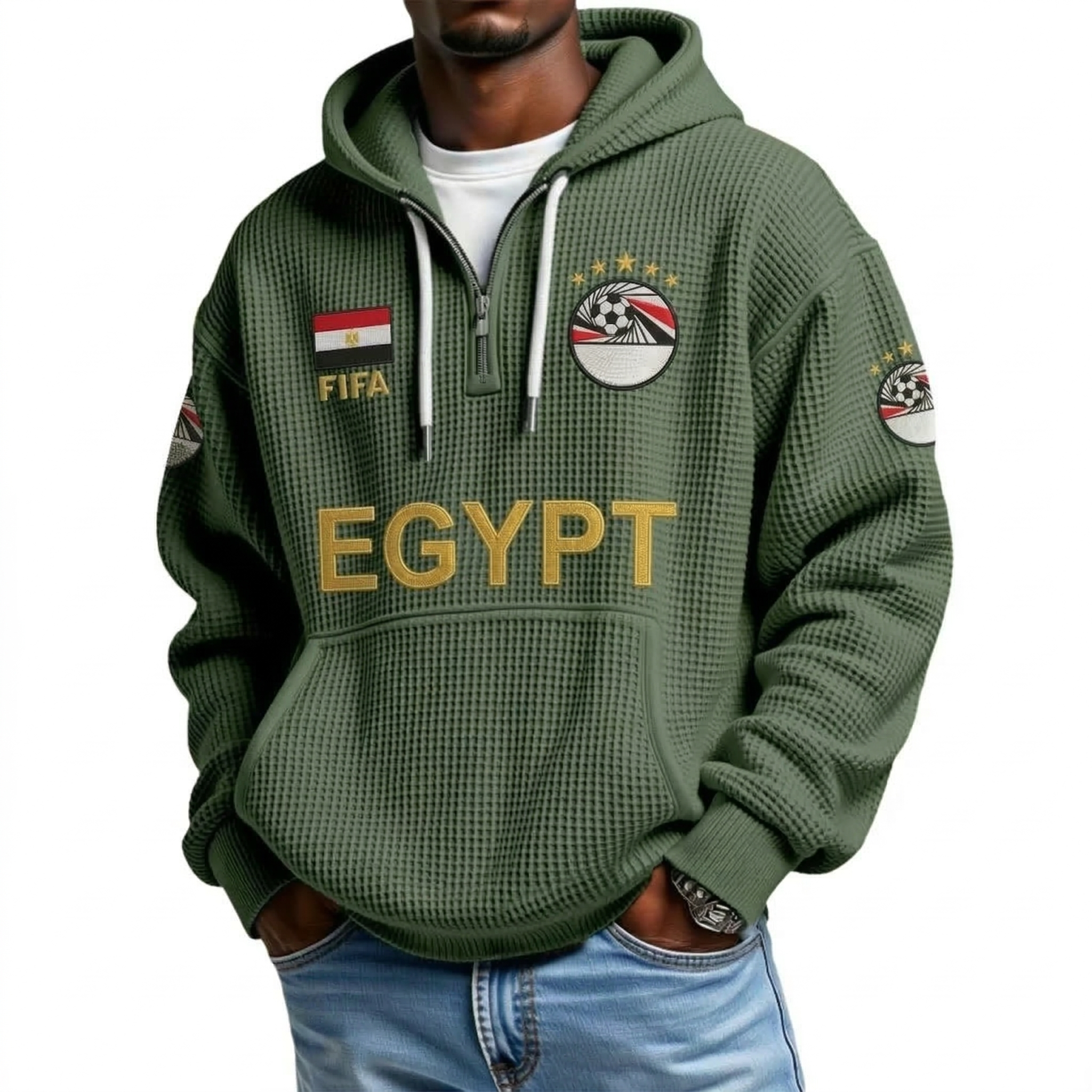 FIFA 2026 Egypt Printed Waffle Quarter Zip Football Fan Hoodie