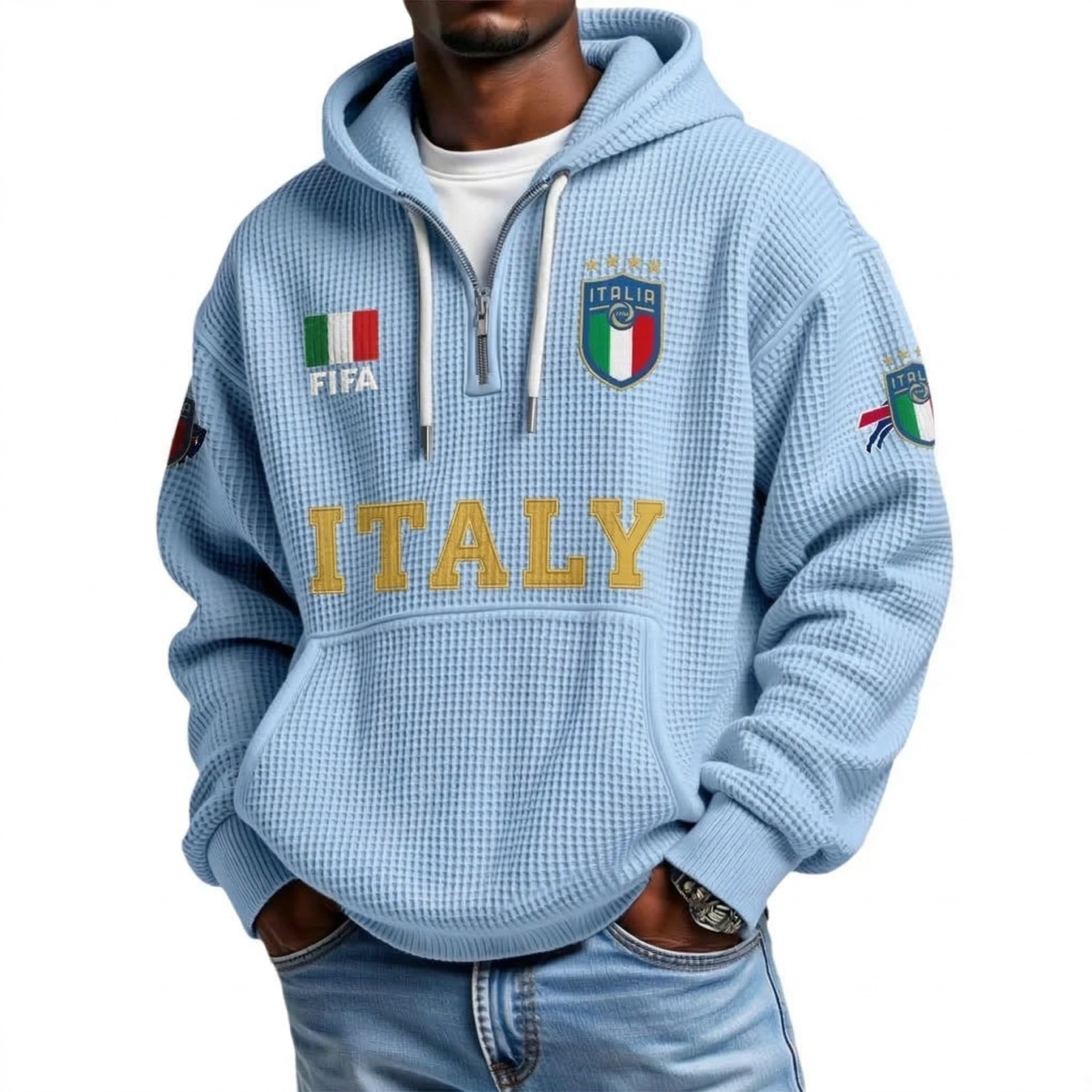 FIFA 2026 Italy Printed Waffle Quarter Zip Football Fan Hoodie