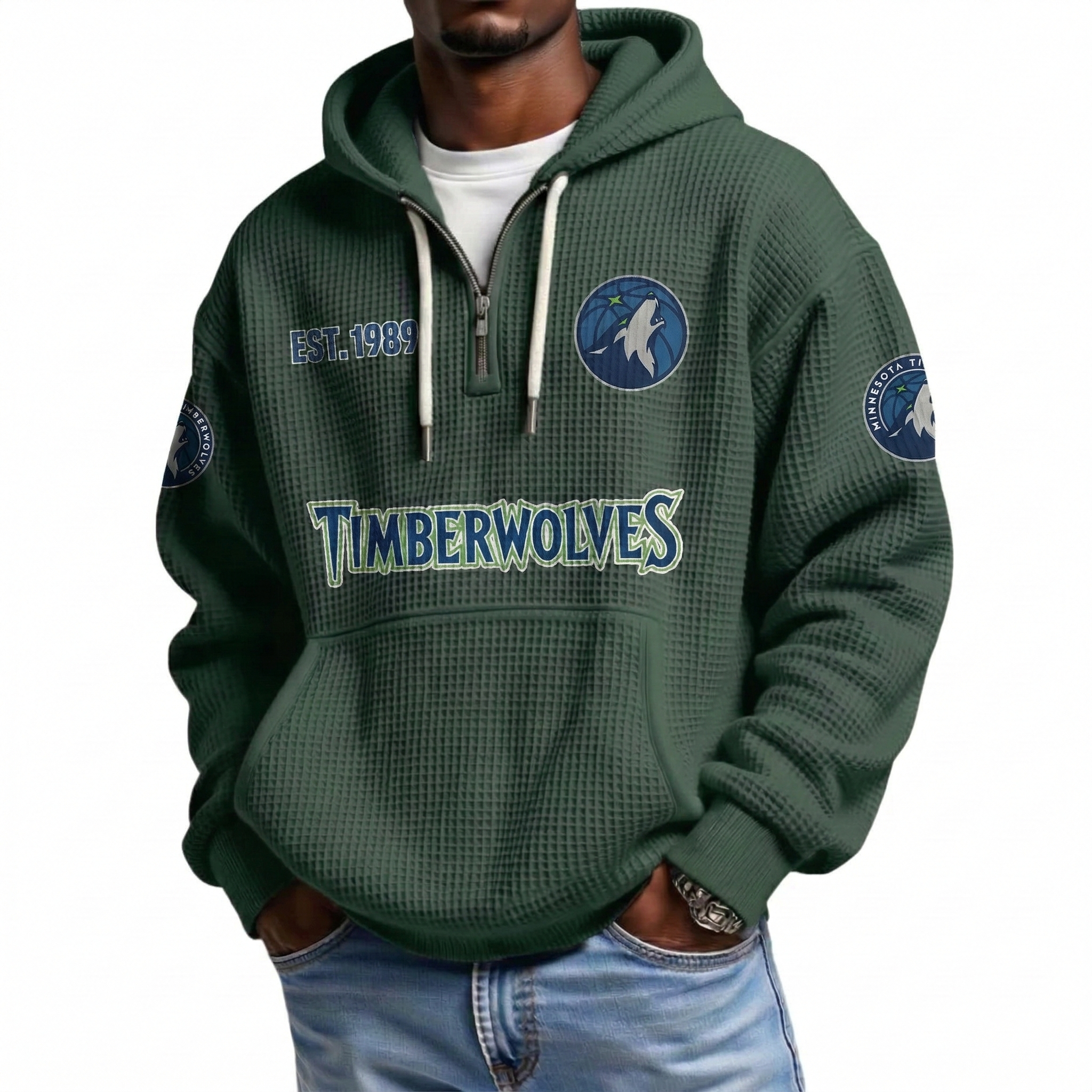 Minnesota Timberwolves EST 1989 Printed Waffle Quarter Zip Basketball Fan Hoodie