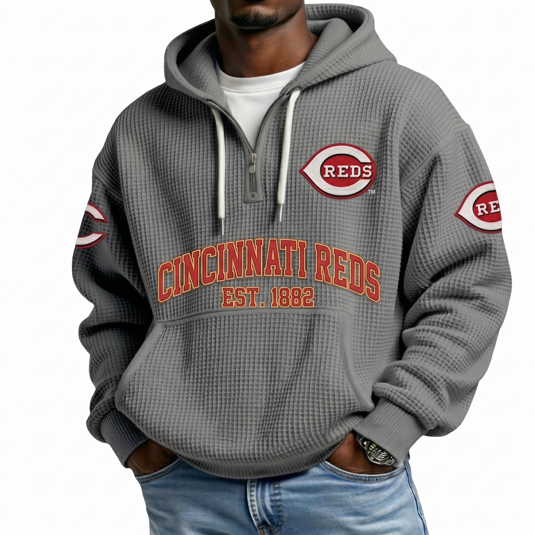 Cincinnati Reds EST 1882 Printed Waffle Quarter Zip Baseball Fan Hoodie