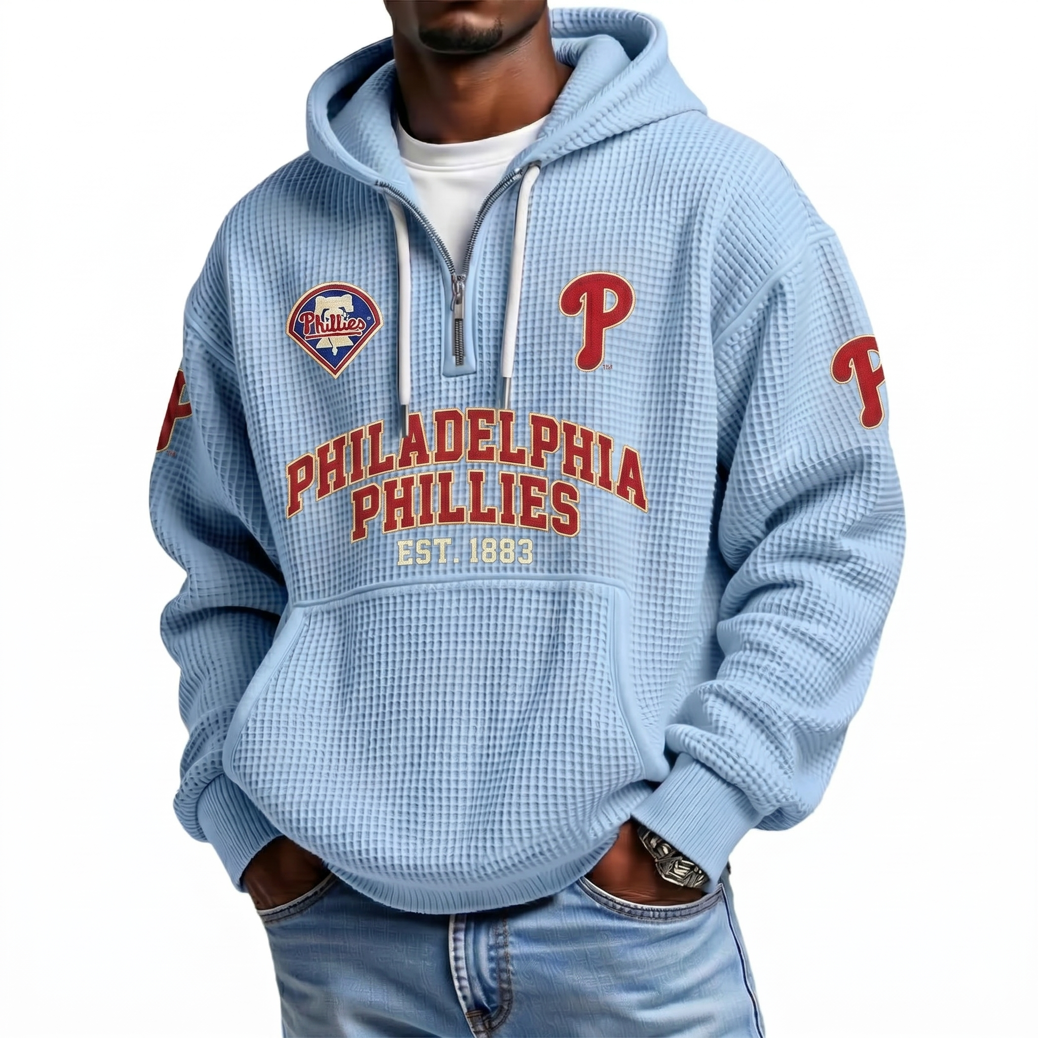 Washington Nationals EST 1969 Printed Waffle Quarter Zip Baseball Fan Hoodie