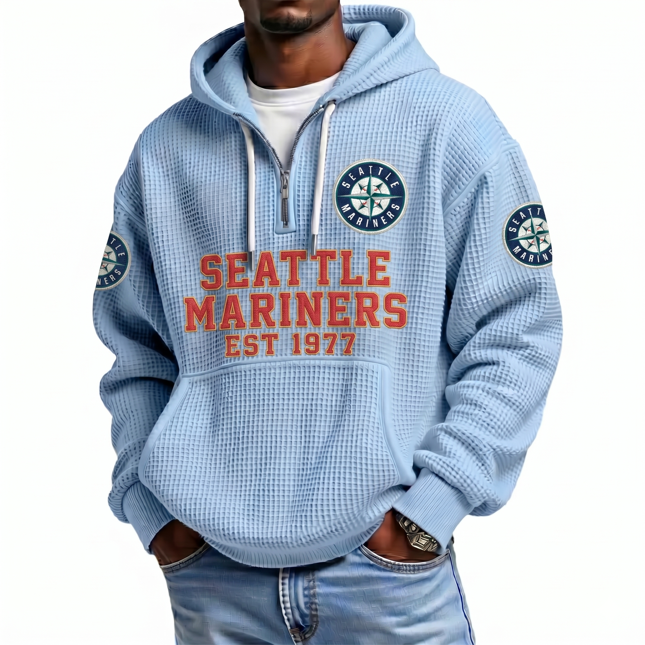 Seattle Mariners EST 1977 Printed Waffle Quarter Zip Baseball Fan Hoodie