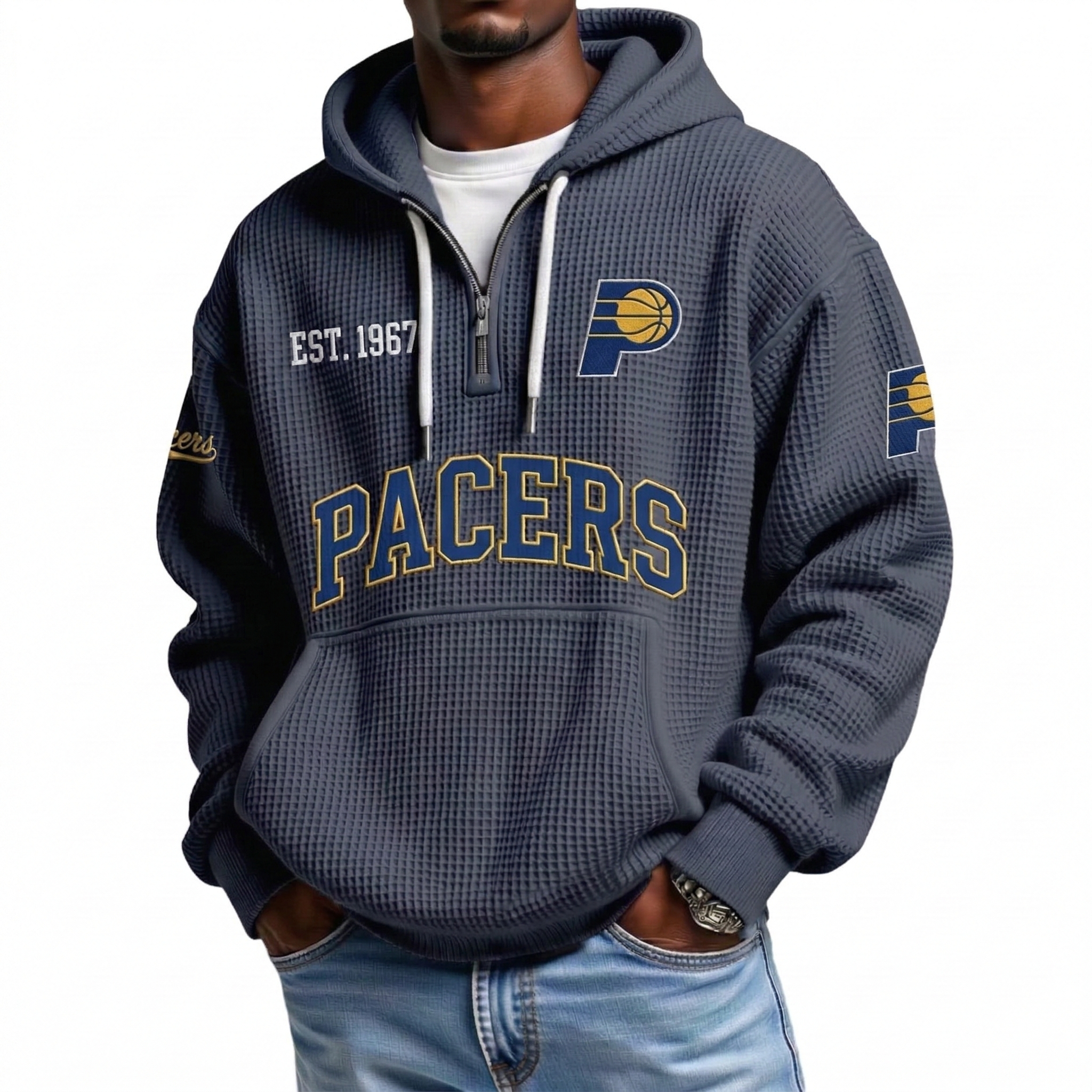 Indiana Pacers EST 1967 Printed Waffle Quarter Zip Basketball Fan Hoodie