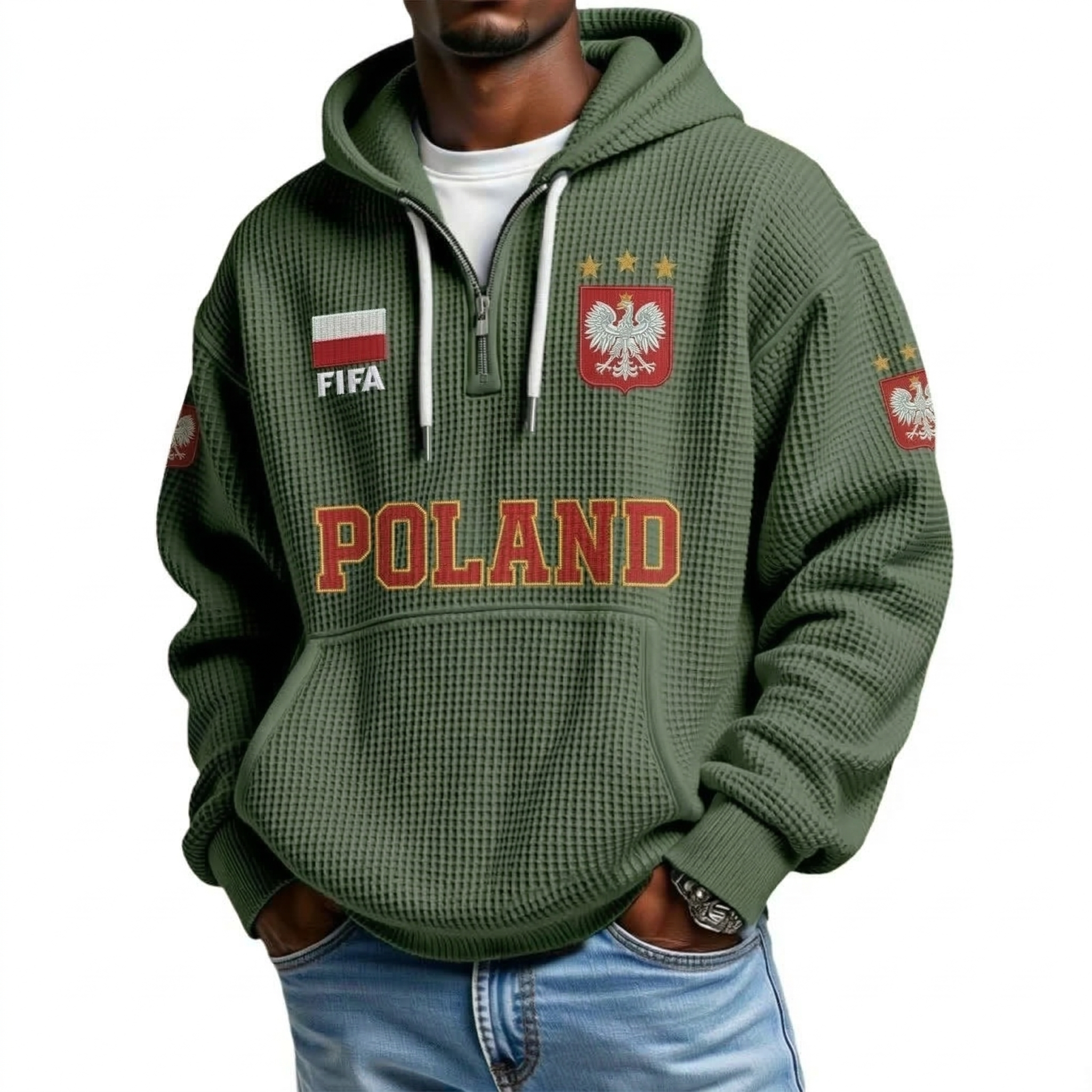 FIFA 2026 Poland Printed Waffle Quarter Zip Football Fan Hoodie