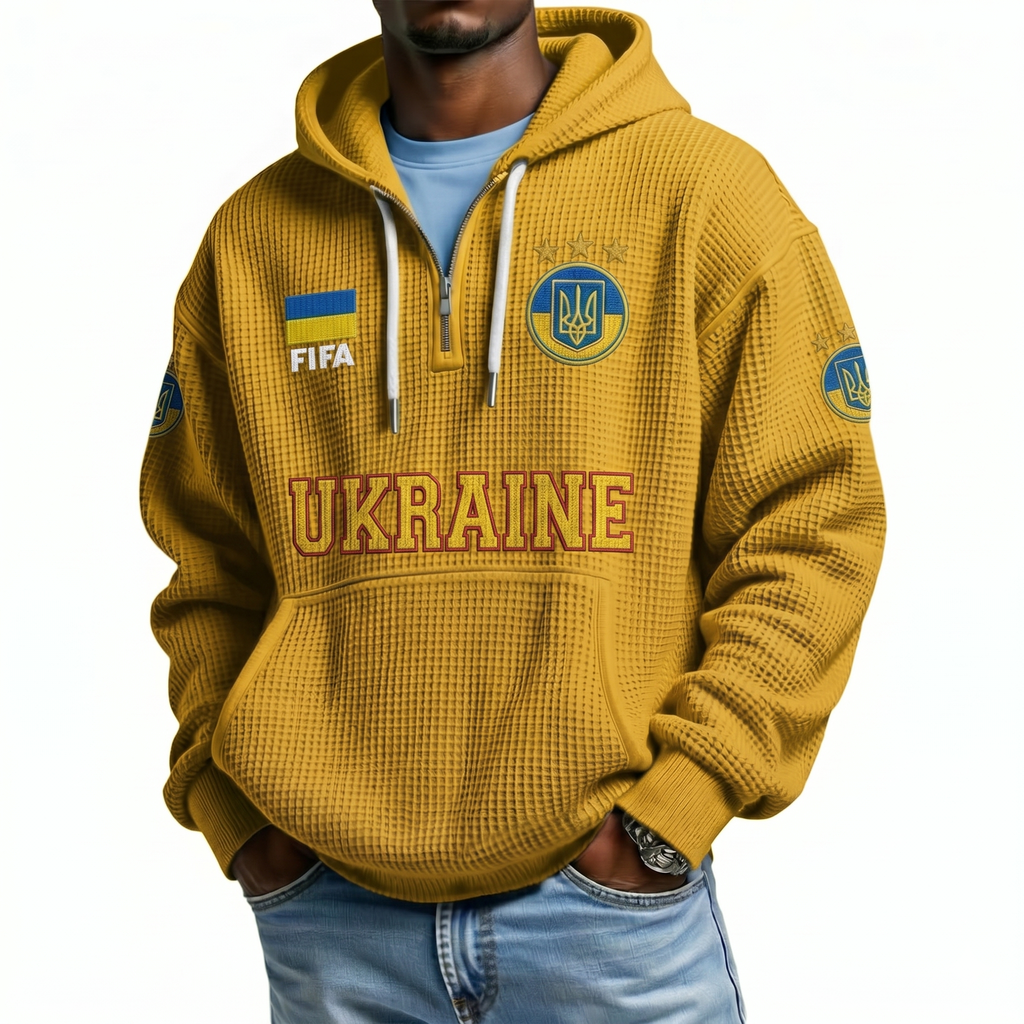 FIFA 2026 Ukraine Printed Waffle Quarter Zip Football Fan Hoodie