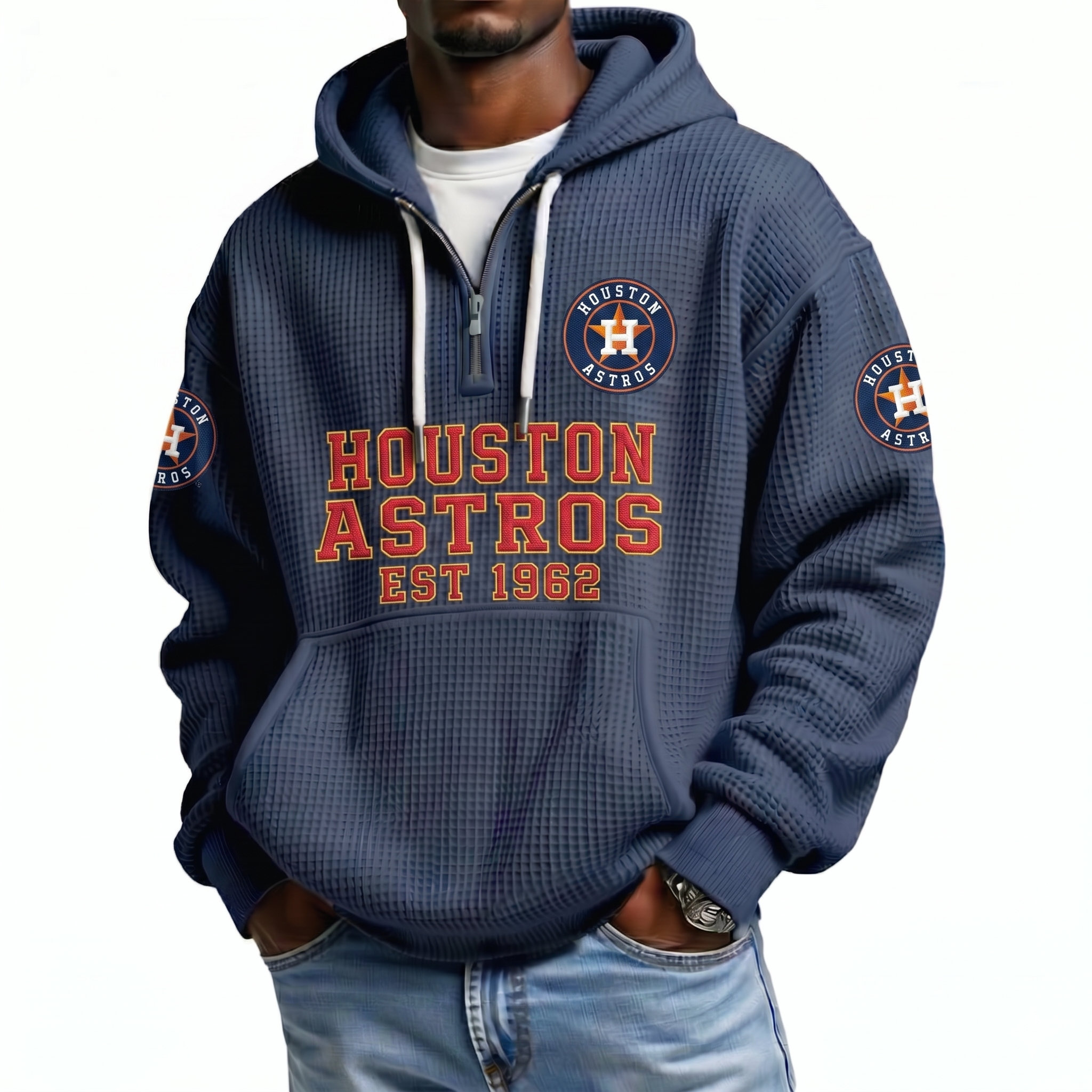 Houston Astros EST 1962 Printed Waffle Quarter Zip Baseball Fan Hoodie