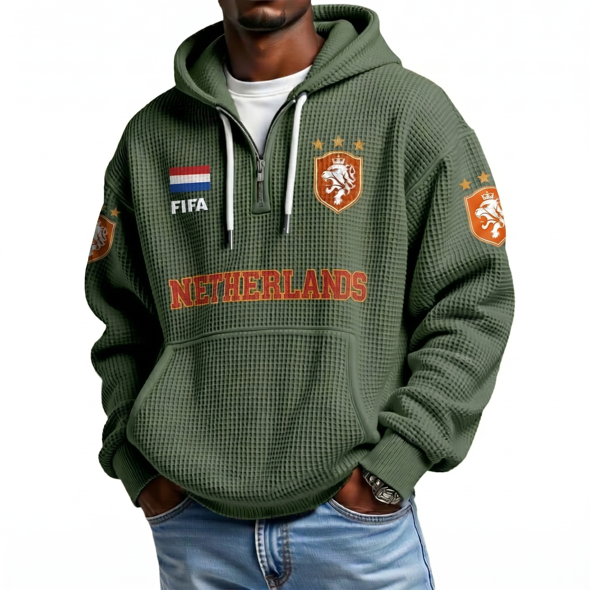 FIFA 2026 Netherlands Printed Waffle Quarter Zip Football Fan Hoodie