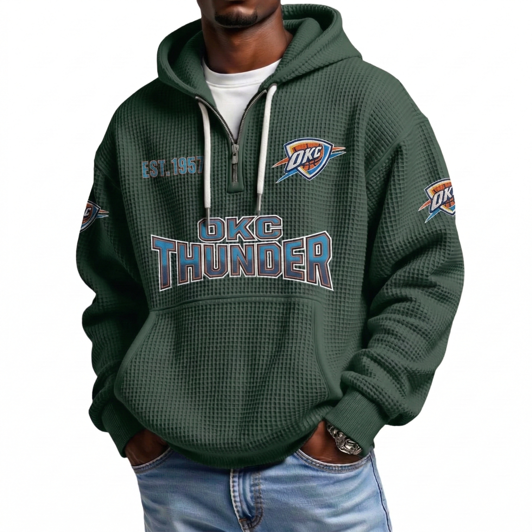 Oklahoma City Thunder EST 1967 Printed Waffle Quarter Zip Basketball Fan Hoodie