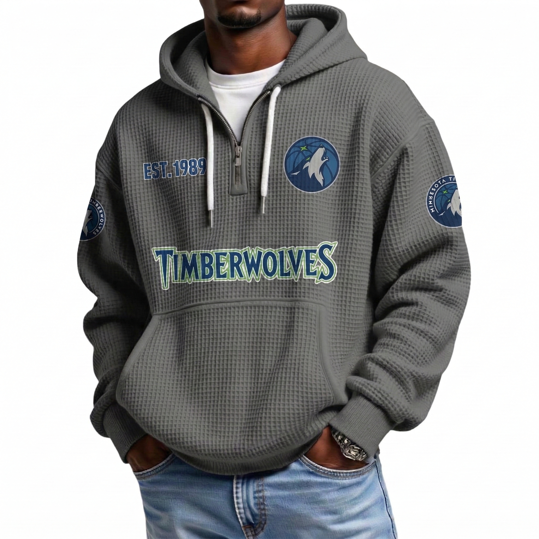 Minnesota Timberwolves EST 1989 Printed Waffle Quarter Zip Basketball Fan Hoodie