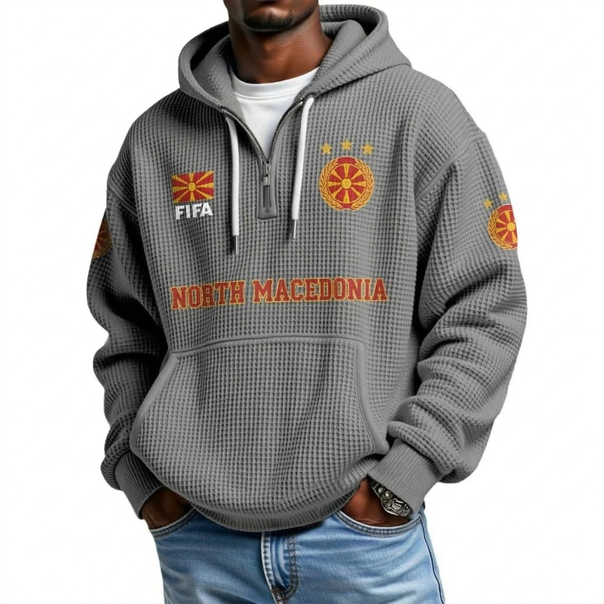 FIFA 2026 North Macedonia Printed Waffle Quarter Zip Football Fan Hoodie