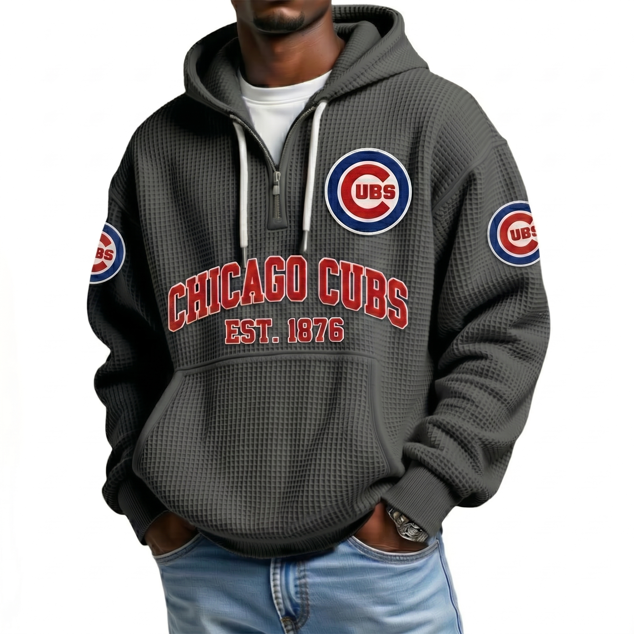 Chicago Cubs EST 1876 Printed Waffle Quarter Zip Baseball Fan Hoodie