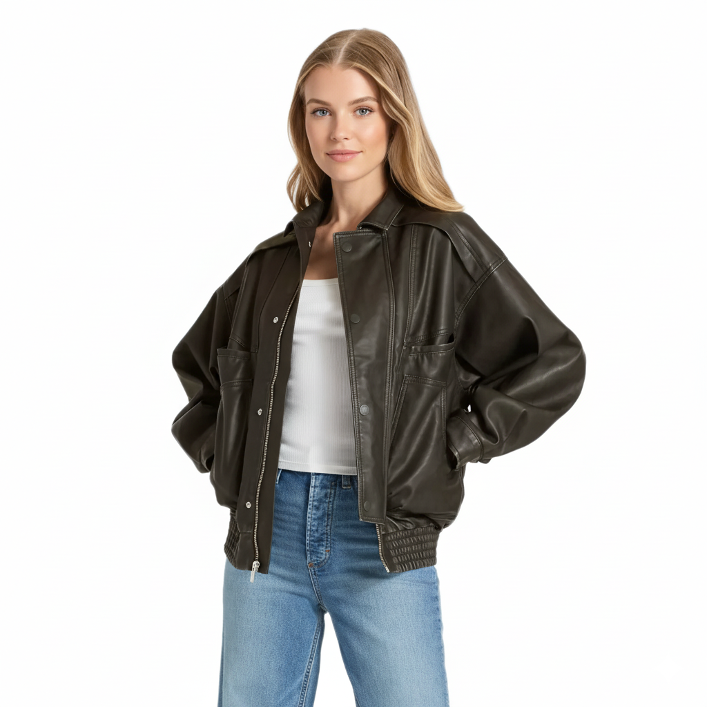 Faux Leather Bomber Jacket For Women