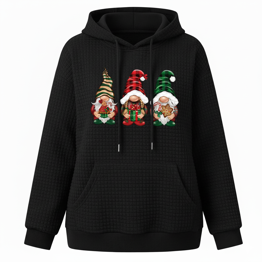 Christmas Gnome Print Waffle Knit Hoodie