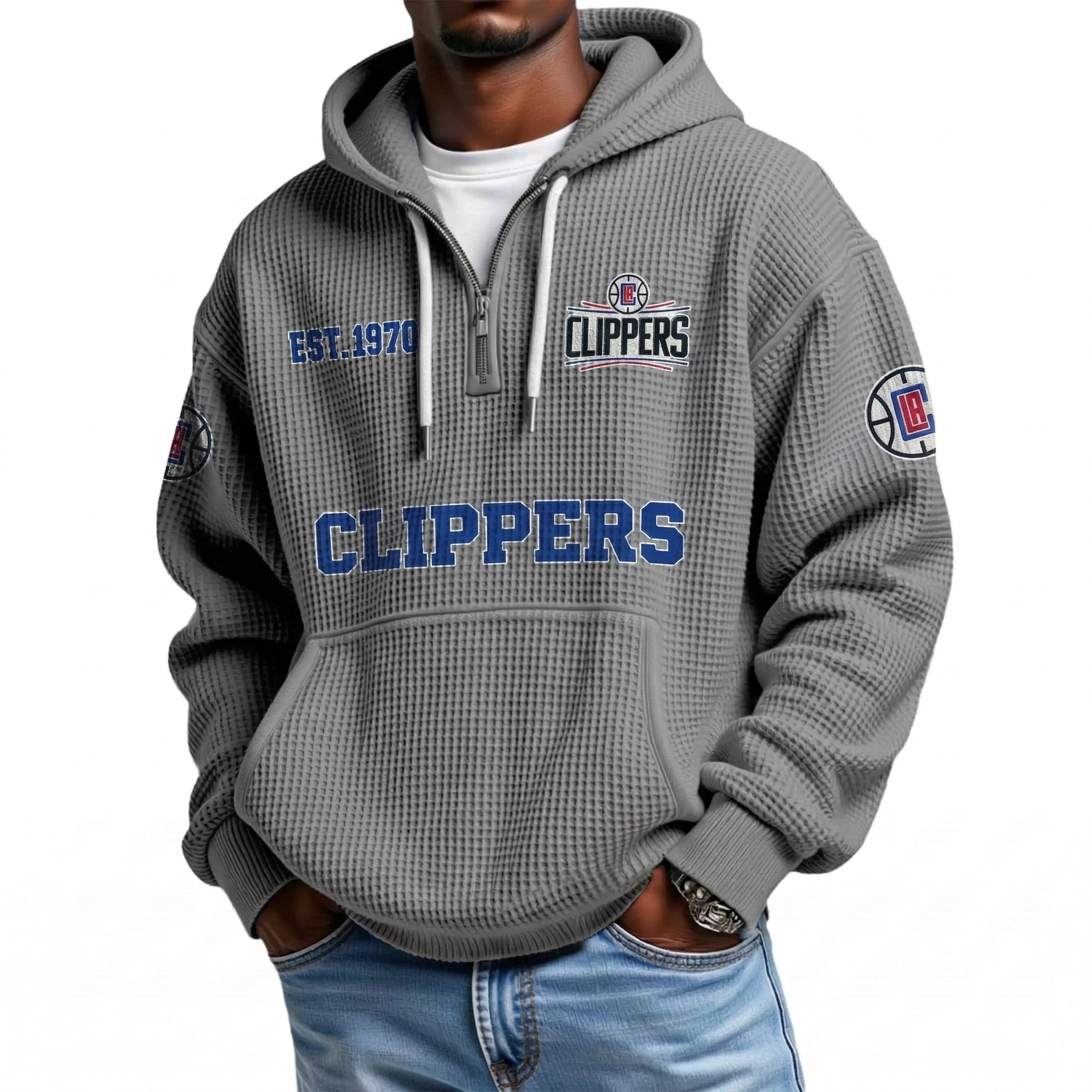 LA Clippers EST 1970 Printed Waffle Quarter Zip Basketball Fan Hoodie