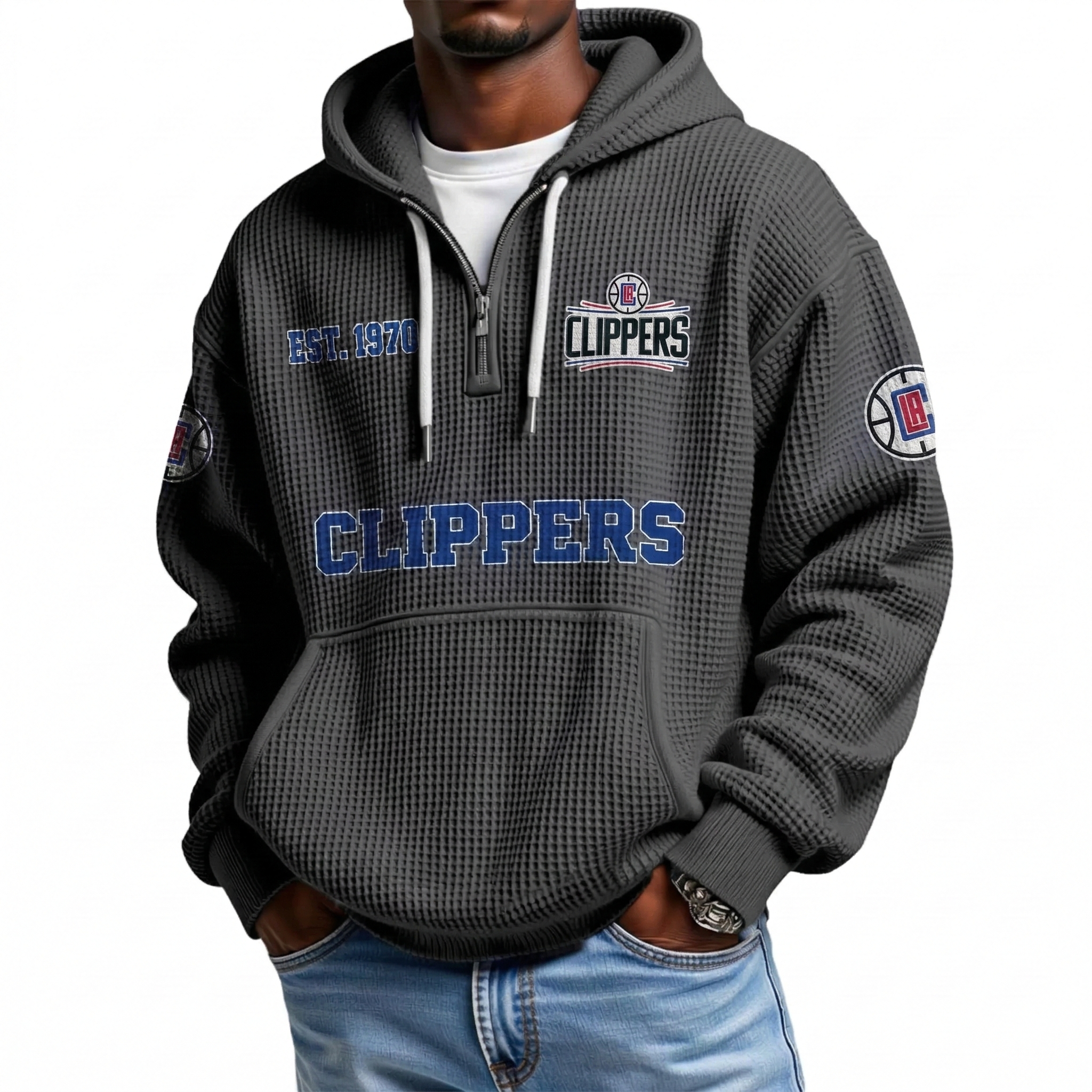 LA Clippers EST 1970 Printed Waffle Quarter Zip Basketball Fan Hoodie