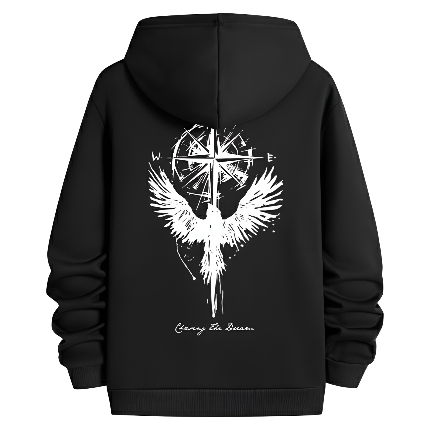 Long Sleeved Compass Star And Wings Printed Hoodie