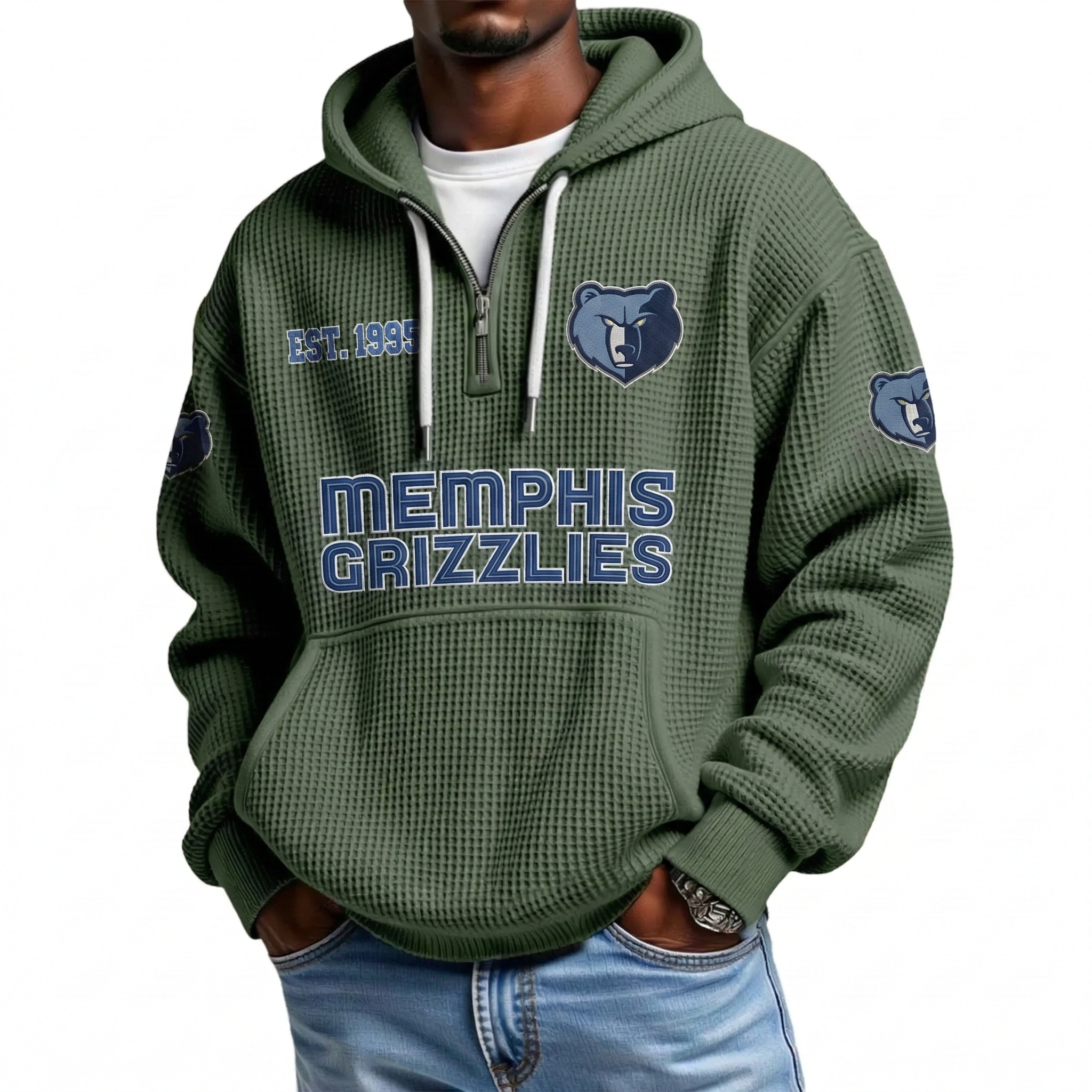 Memphis Grizzlies EST 1995 Printed Waffle Quarter Zip Basketball Fan Hoodie