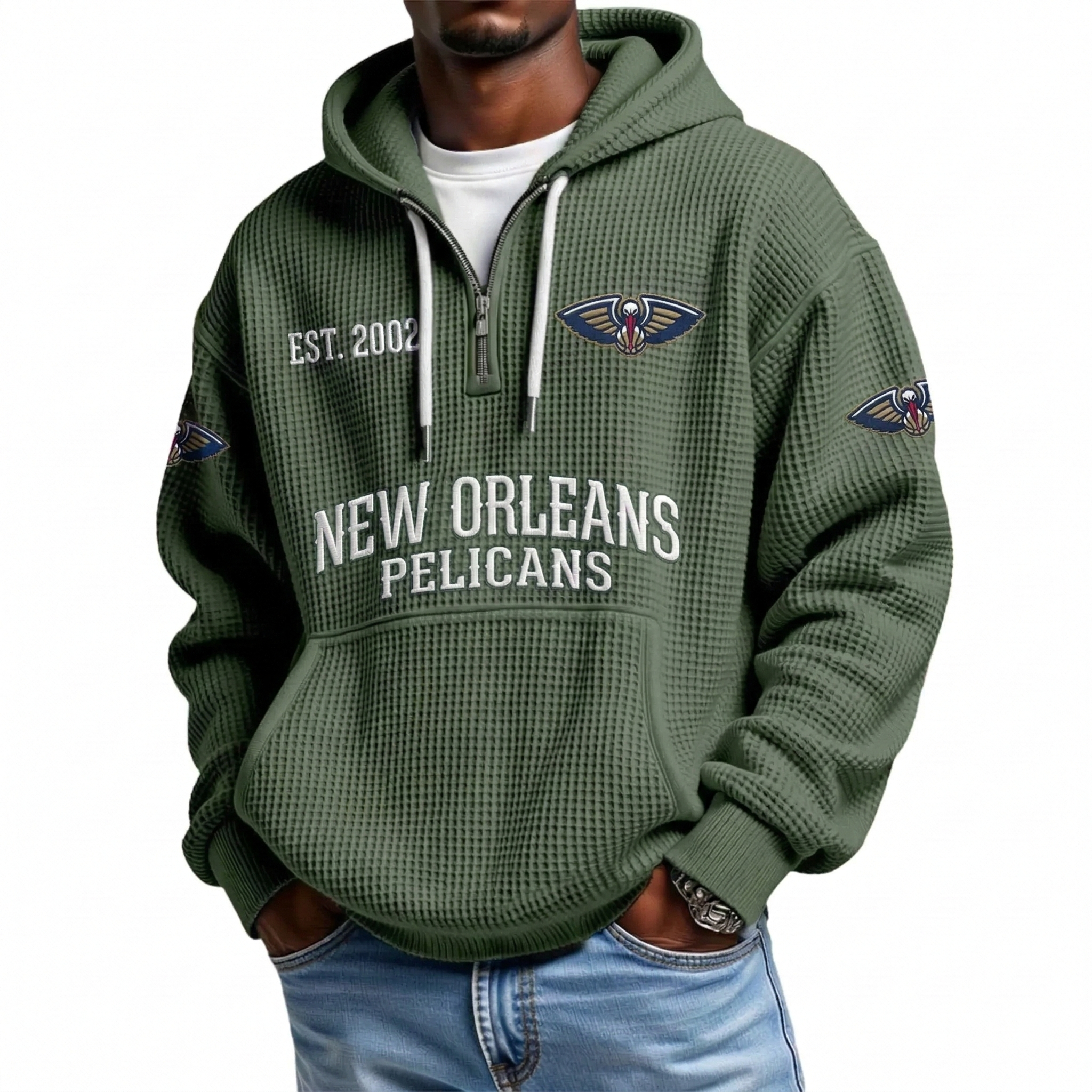 New Orleans Pelicans EST 2002 Printed Waffle Quarter Zip Basketball Fan Hoodie
