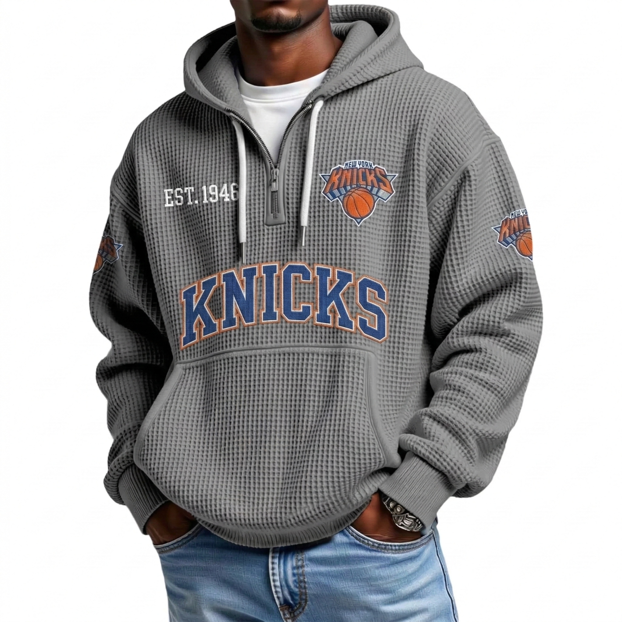 New York Knicks New York EST 1946 Printed Waffle Quarter Zip Basketball Fan Hoodie