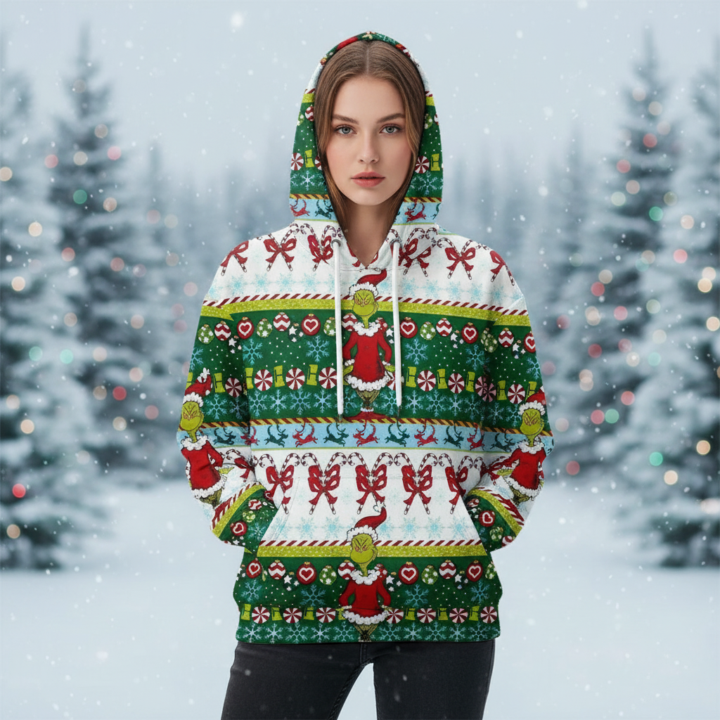 Ugly Christmas Themed Oversized Cartoon Printed Hoodie