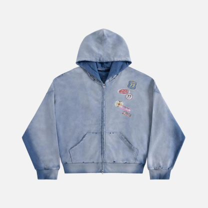 Oversized Boxy Zip Up Hoodie With Embellished Vintage Badges 