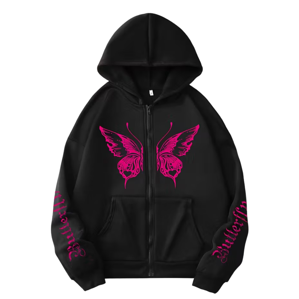 Butterfly Printed Front Zipper Closure Hoodie For Women