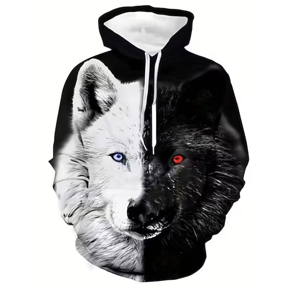 Casual Street Style Wolf Print Men Hoodie With Kangaroo Pockets