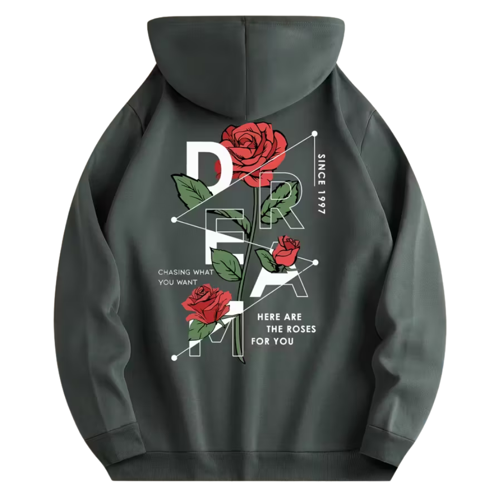 Men Casual Drawstring Pullover Hoodie With Red Roses And Letter Print