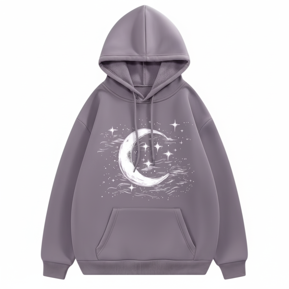 Celestial Crescent Moon And Stars Print Hoodie For Women