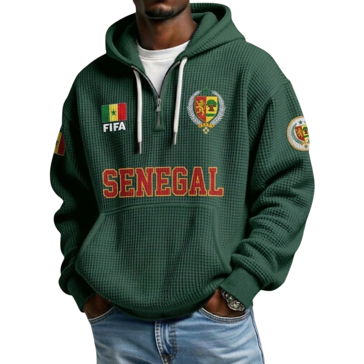 FIFA 2026 Senegal Printed Waffle Quarter Zip Football Fan Hoodie