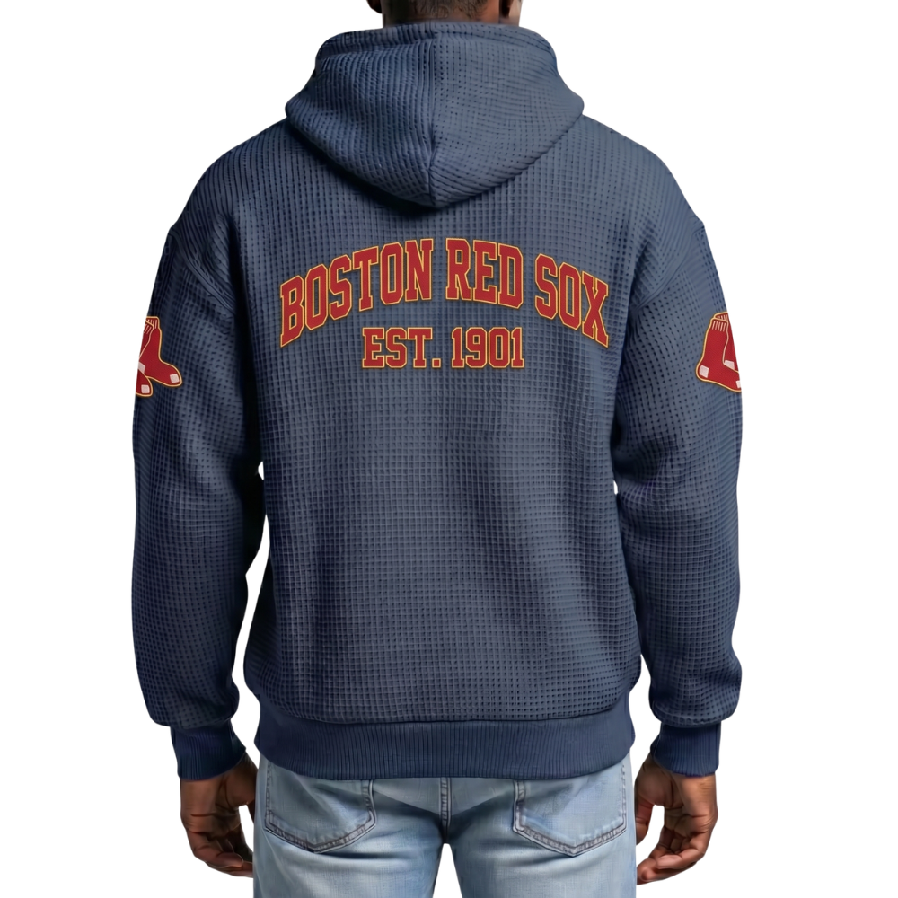 Boston Red Sox EST 1901 Printed Waffle Quarter Zip Baseball Fan Hoodie