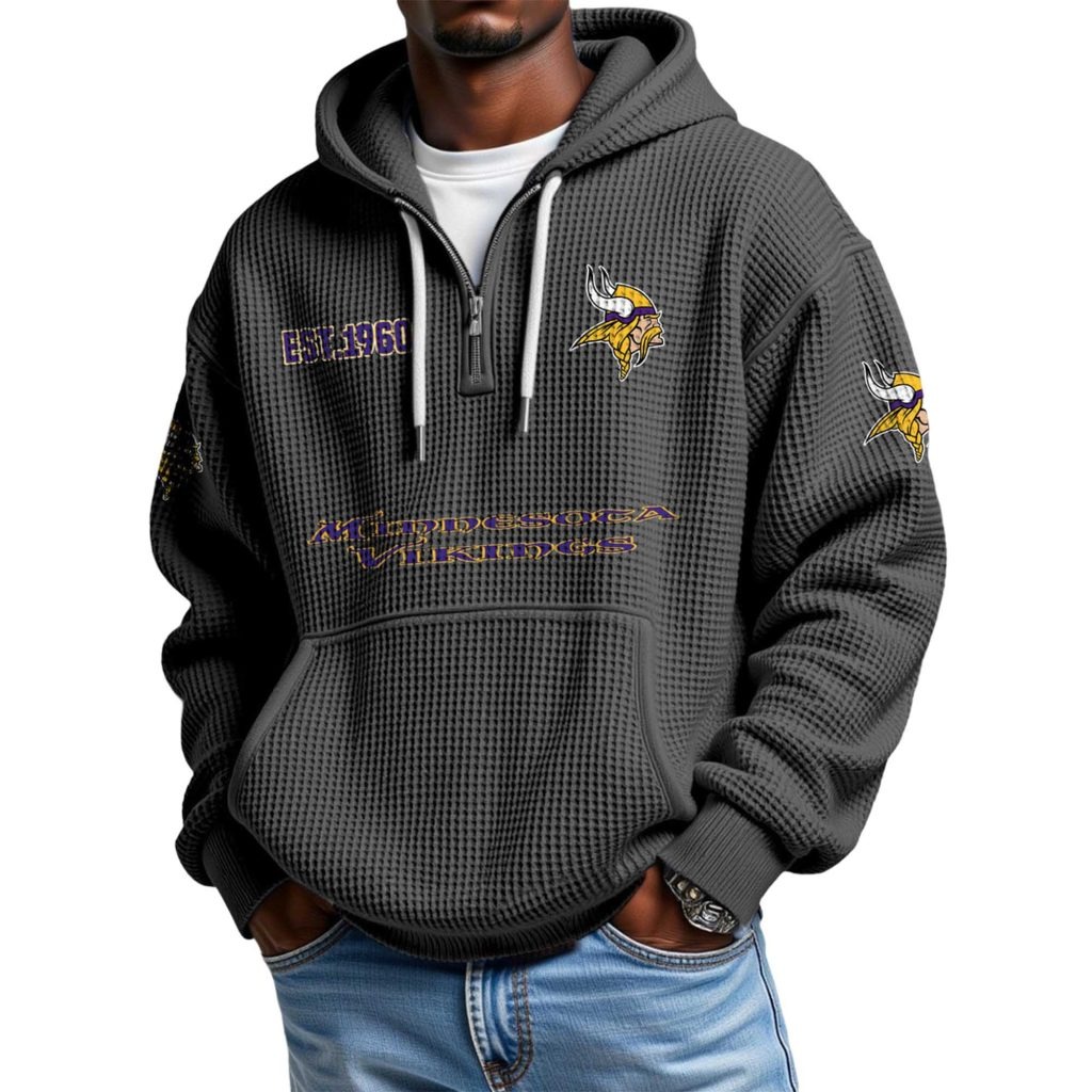 Minnesota Vikings Football Team Themed Hoodie With Quarter Zip And Classic EST 1960 Logo