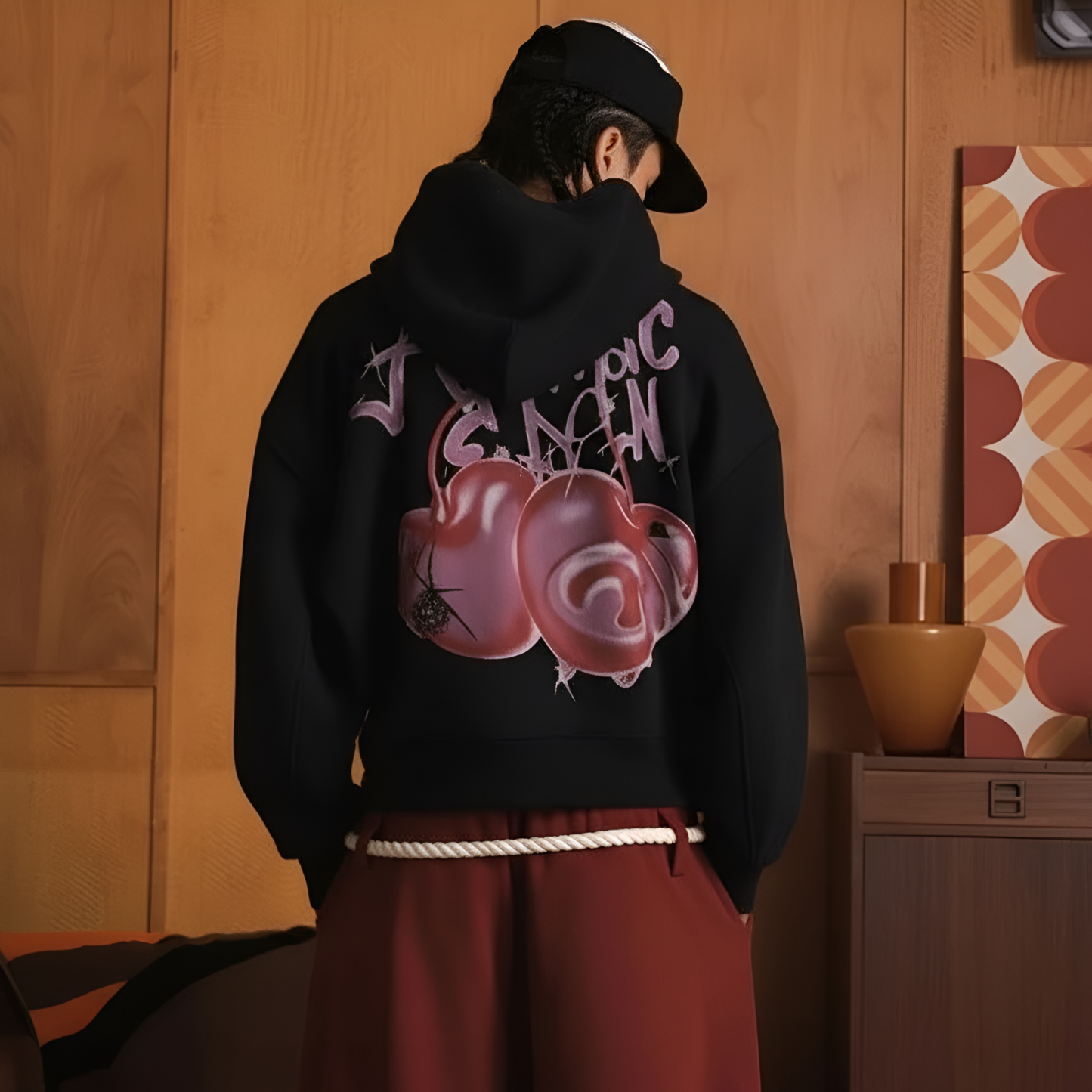 Goth Style Zip Hoodie With Spider And Cherry Print