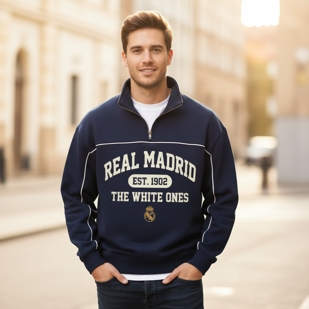 Real Madrid EST 1902 Printed Half Zip Long Sleeve Sweatshirt