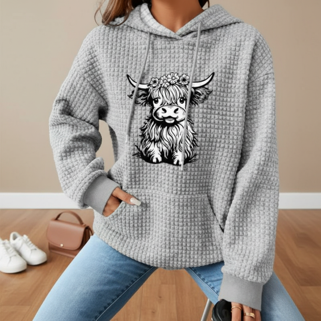 Waffle Knit Hoodie With Highland Cow Graphic For Women