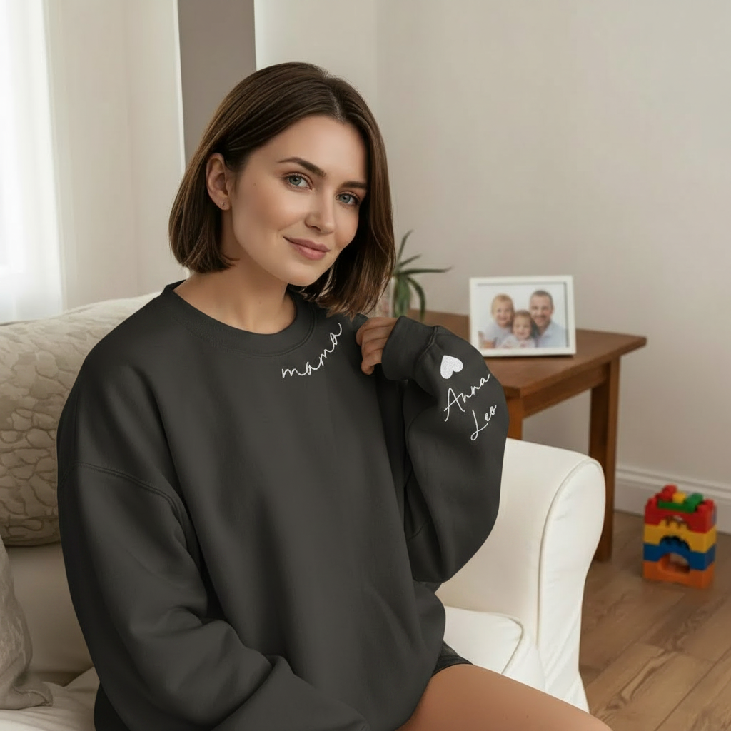 Custom Mama Sweatshirt with Kids' Names on Sleeve - Personalized Mother’s Day Gift