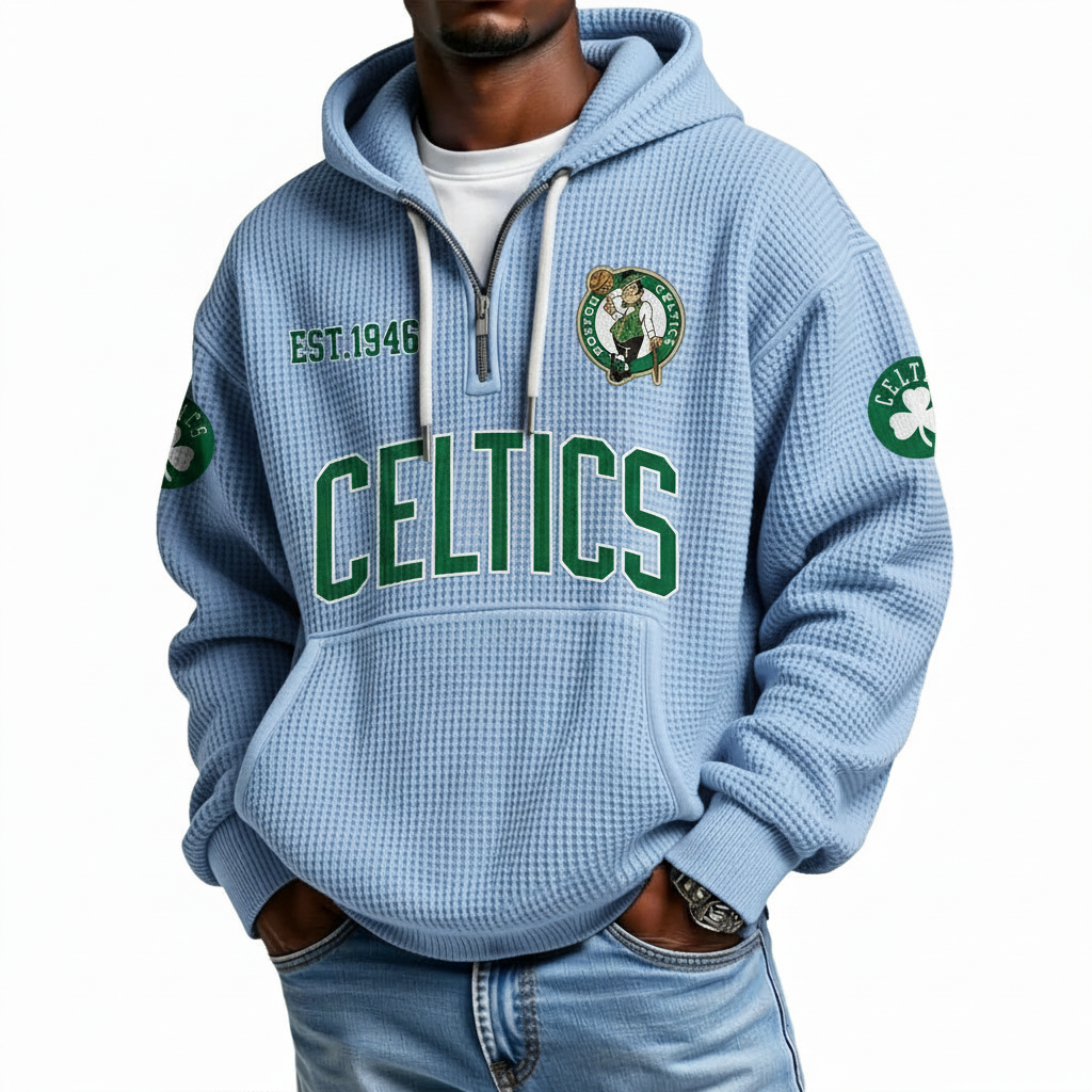 Boston Celtics EST 1946 Printed Waffle Quarter Zip Basketball Fan Hoodie
