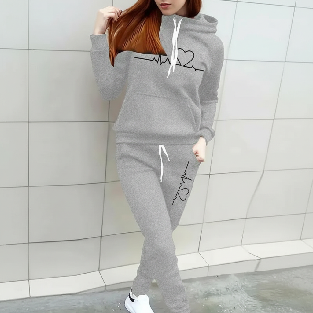 Casual Hoodie And Drawstring Jogger Pants Set With Pulse Line Graphic Print