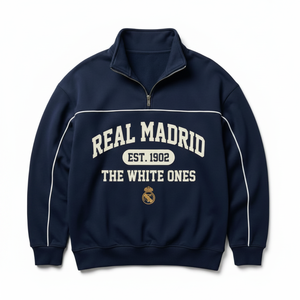 Real Madrid EST 1902 Printed Half Zip Long Sleeve Sweatshirt
