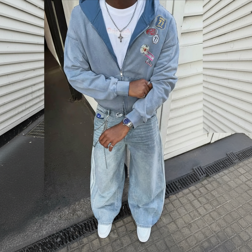 Badge Boxy Zip Up Hoodie Oversized Fit Vintage Badge Embellishment Tie-Dye Washed Fabric Unisex Streetwear Top