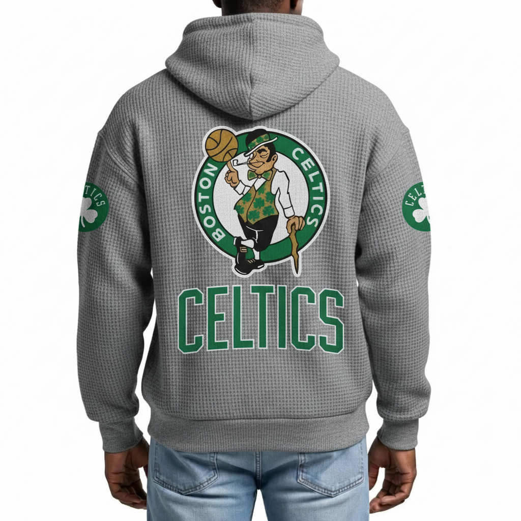 Boston Celtics EST 1946 Printed Waffle Quarter Zip Basketball Fan Hoodie