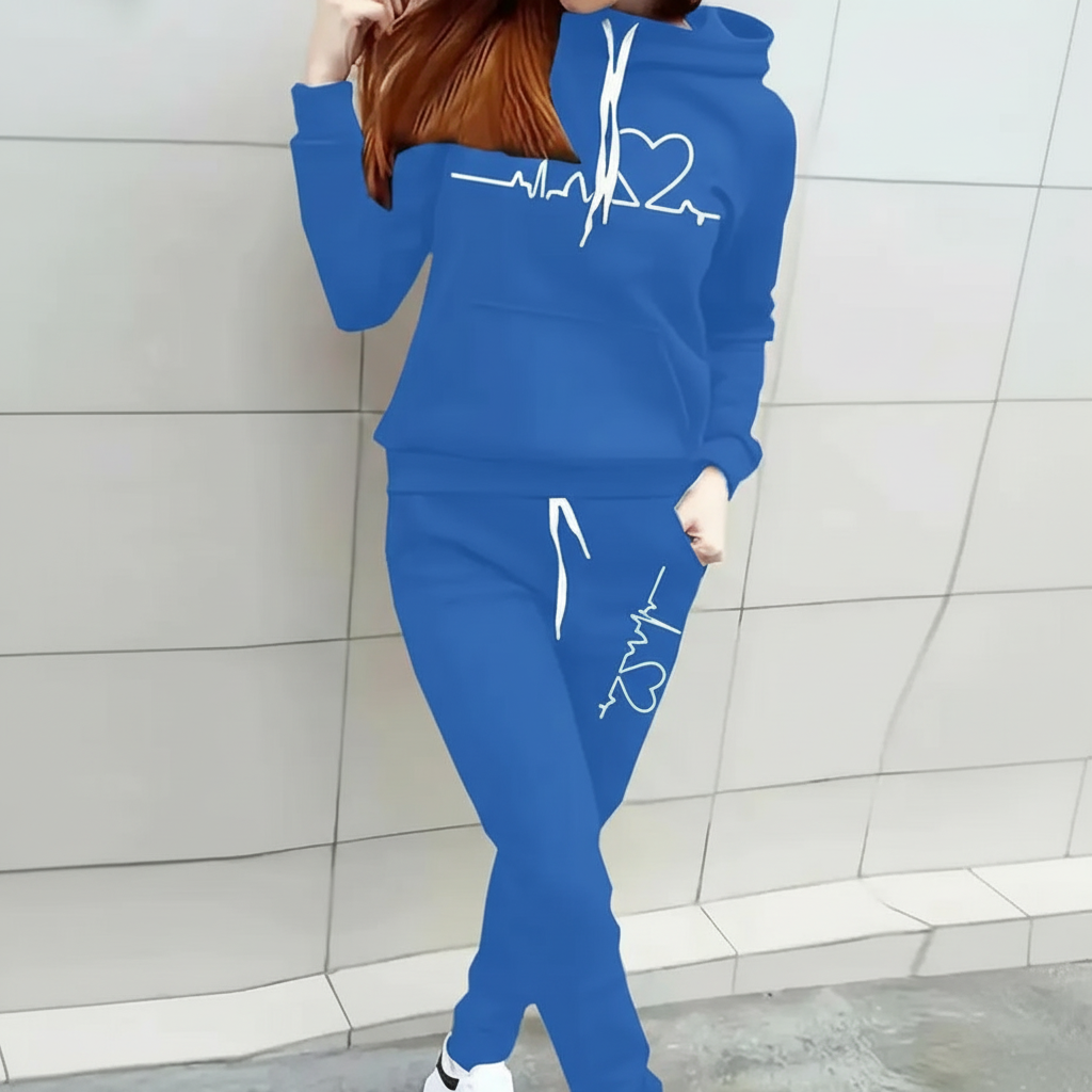 Casual Hoodie And Drawstring Jogger Pants Set With Pulse Line Graphic Print