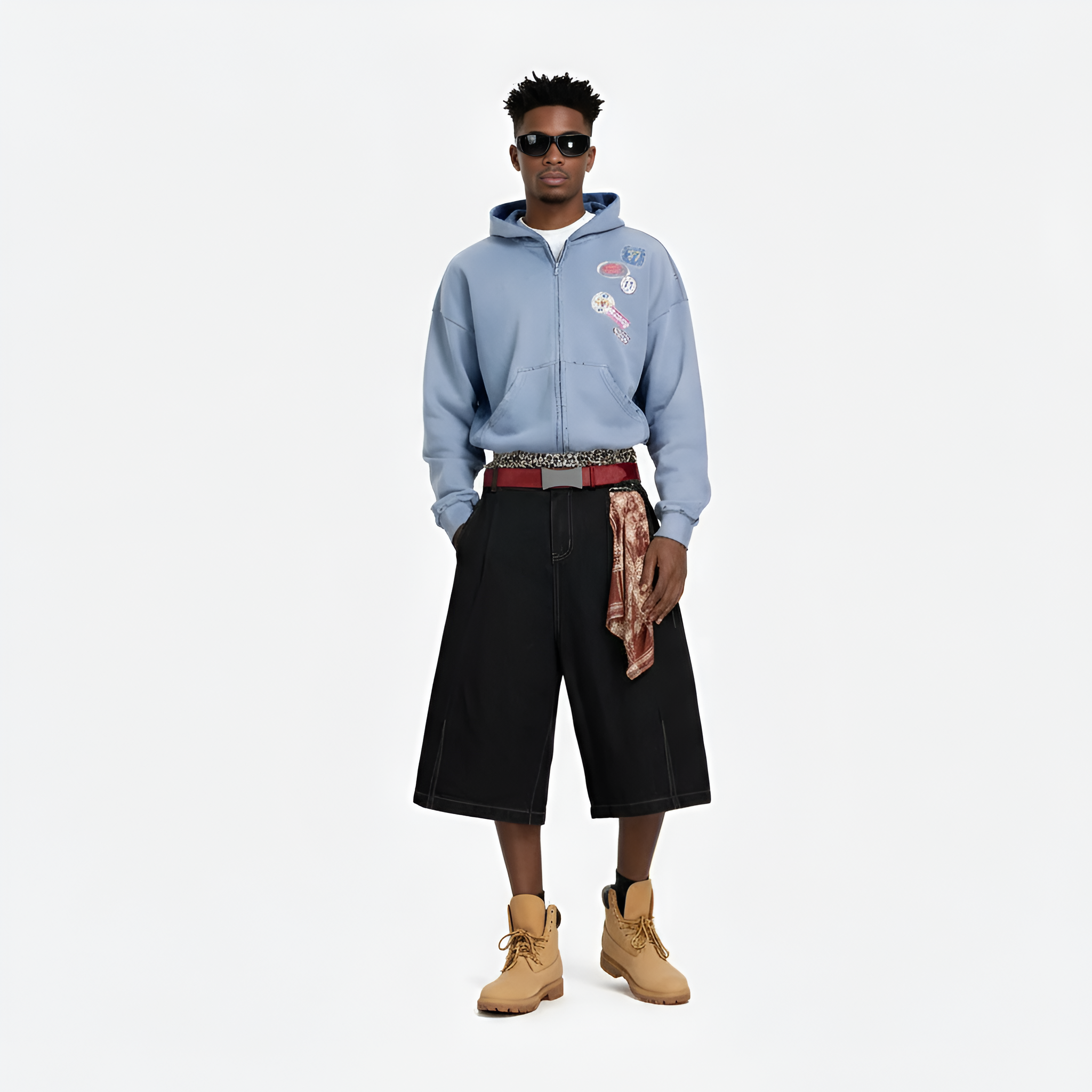 Badge Boxy Zip Up Hoodie Oversized Fit Vintage Badge Embellishment Tie-Dye Washed Fabric Unisex Streetwear Top