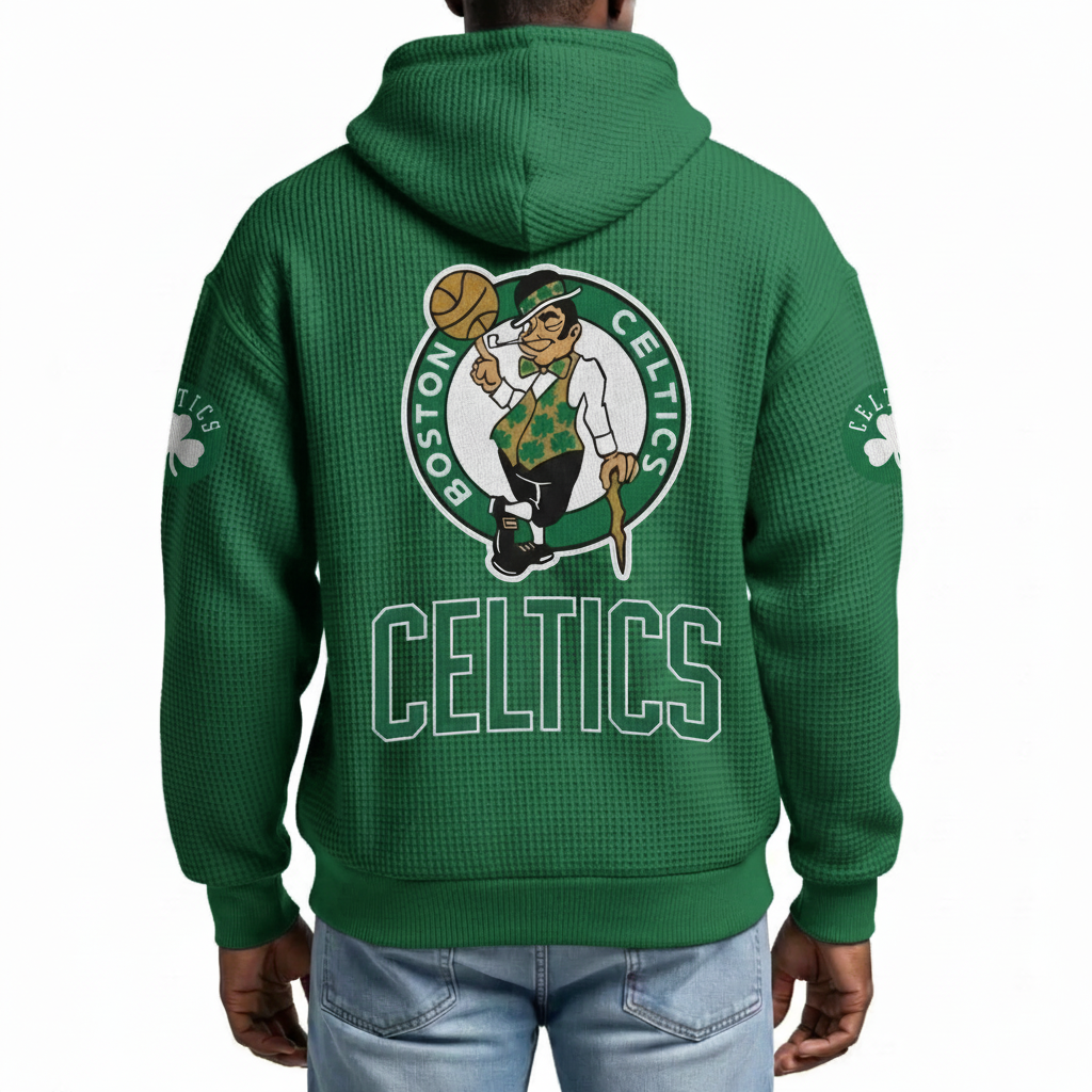 Boston Celtics EST 1946 Printed Waffle Quarter Zip Basketball Fan Hoodie