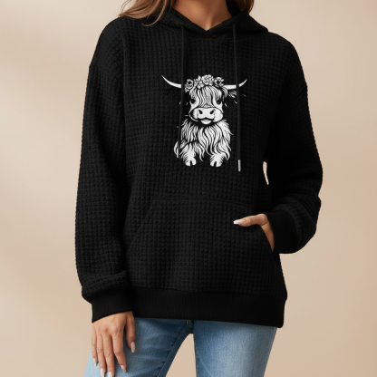 Waffle Knit Hoodie With Highland Cow Graphic For Women